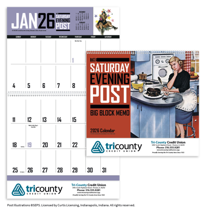 This calendar has big bold numbers, plenty of writing space and the nostalgic artwork from The Saturday Evening Post magazine