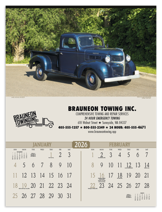 Antique trucks bring history to life in this memorable calendar with descriptions of each vehicle
