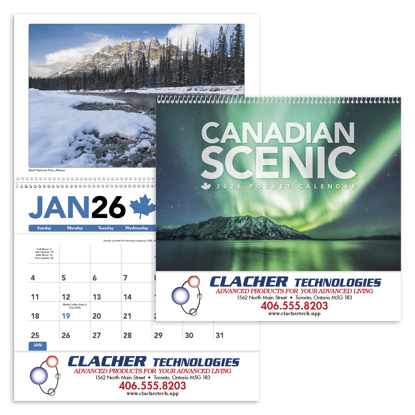 Scenic photographs and storage pockets give this calendar beauty and functionality