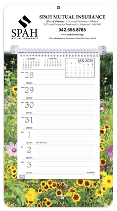 This durable calendar features a colorful, sturdy wall-mount board and spiral-bound pages on a hanging bar