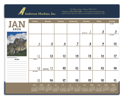 Full-color scenic photographs w/ a hotstamped ad on the heavy Suedene vinyl header make this desk pad stand out