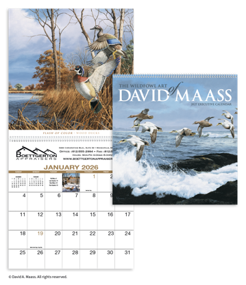 Outdoor enthusiasts will appreciate this calendar's life-like images of waterfowl and game birds created by renowned wildlife artist David Maass.