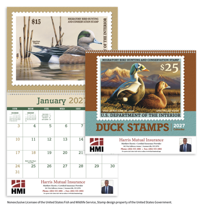This calendar is a true collector's item featuring historical United States Department of the Interior Duck Stamps.