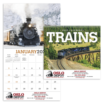Powerful locomotives work hard all year in this calendar.