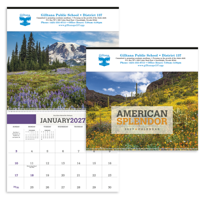 Impress customers easily with this calendar, which features 12 different, beautiful American scenes.