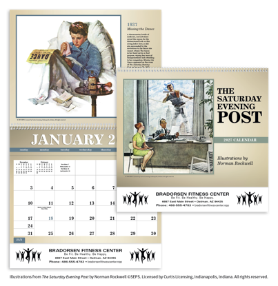 Our Deluxe Pocket reverse-collated calendar featuring The Saturday Evening Post Illustrations by Norman Rockwell profile segments of Americana throughout the year.