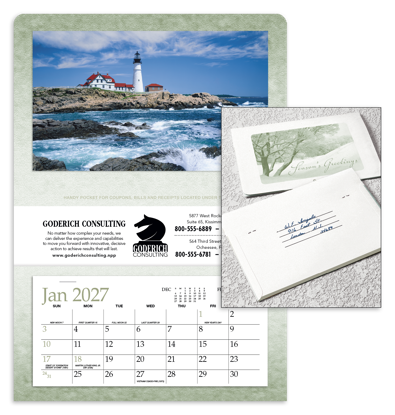Great value and great versatility! This calendar folds for convenient distribution as a self-mailer and stores easily in a filing cabinet when the year is over.