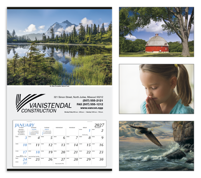 Attractive picture and a large ad area create a calendar that is welcome on any wall.