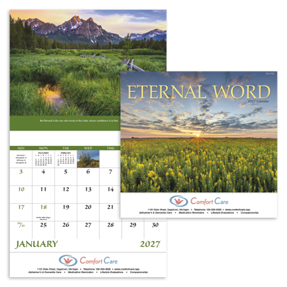 This calendar features Bible verses from the New International version.