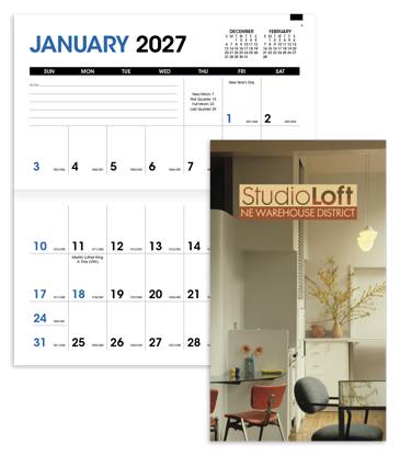 Based on a custom paper cover added to a stock grid pulled from inventory; stapled binding; month-at-a-glance, horizontal date grid format.