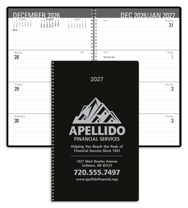 This planner features one week of daily memo space on each two-page spread and includes other helpful tools like a business expense ledger, United States postal information, and more.